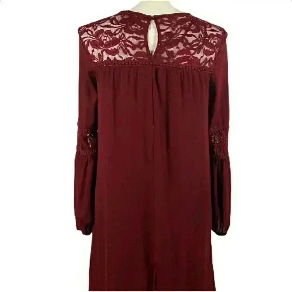 LUXOLOGY WOMEN'S MAROON LACE, ABOVE KNEE, LONG SLEEVE, LINED DRESS - Picture 2 of 10